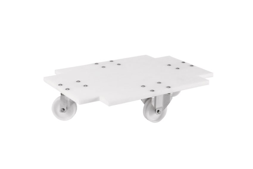 Transport undercarriage for HNC-0001 - 2 PA swivel + 2 fixed castors - RVS forks - PE closed frame 