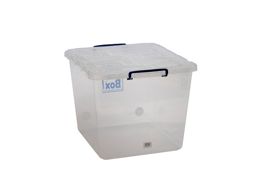 Transparante nestbare verstevigde box 60l stapelbaar op klapdeksel - 510x460x385mm 