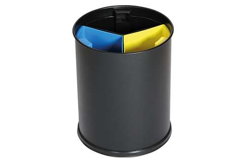 Ronde afvalkorf 13l - 3 compartimenten - inzetbakjes zwart/geel/blauw 3,3l